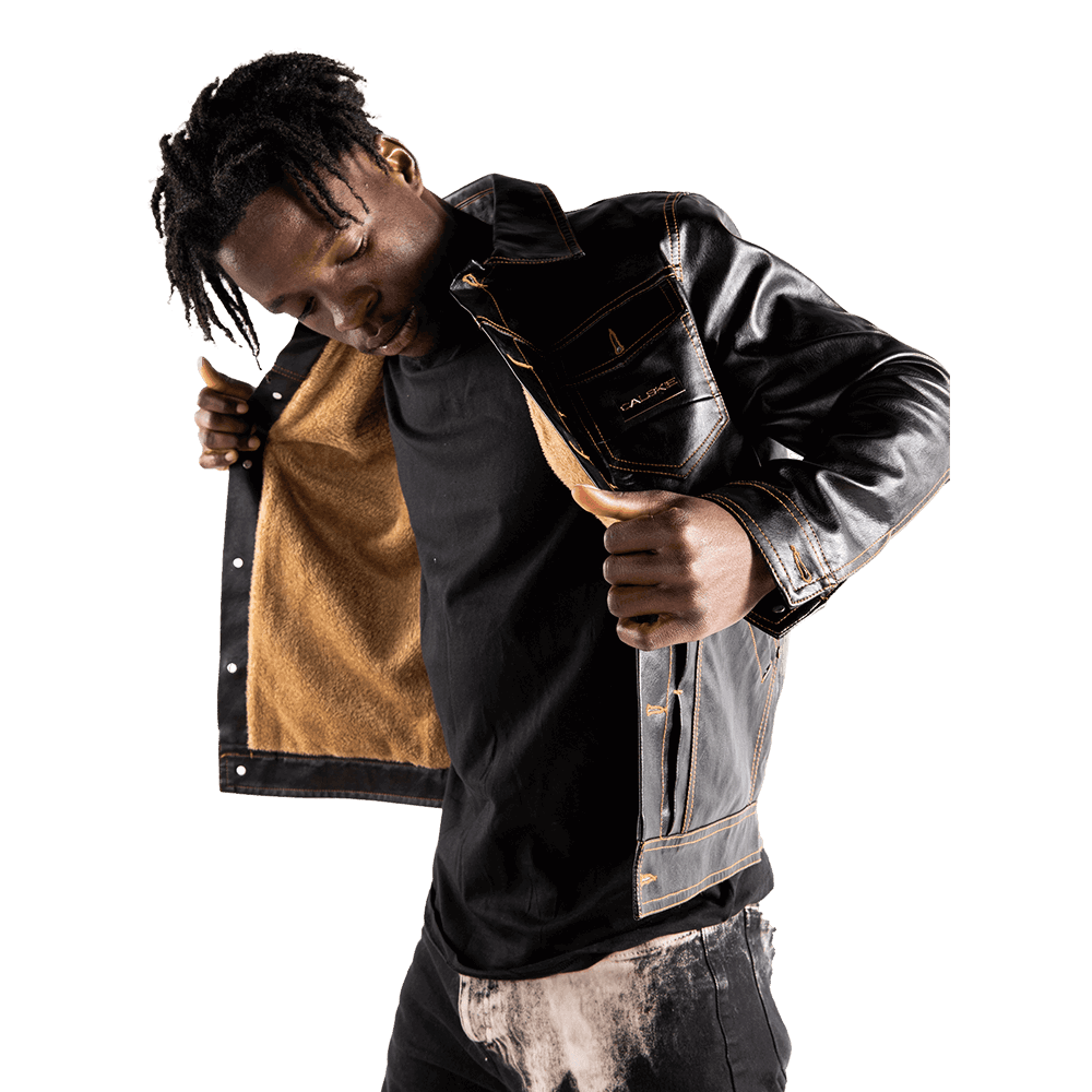 Lambskin Leather Jacket - Calskie. Black calskie jacket with gold calskie logo on the left This Lambskin leather Jacket boasts a sleek, modern design distinguished by its regular fit and timeless style. This reimagined leather jacket is a hybrid creation that fuses disparate influences into a novel entity.