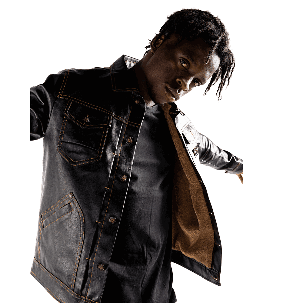 Lambskin Leather Jacket - Calskie. Black calskie jacket with gold calskie logo on the left This Lambskin leather Jacket boasts a sleek, modern design distinguished by its regular fit and timeless style. This reimagined leather jacket is a hybrid creation that fuses disparate influences into a novel entity.