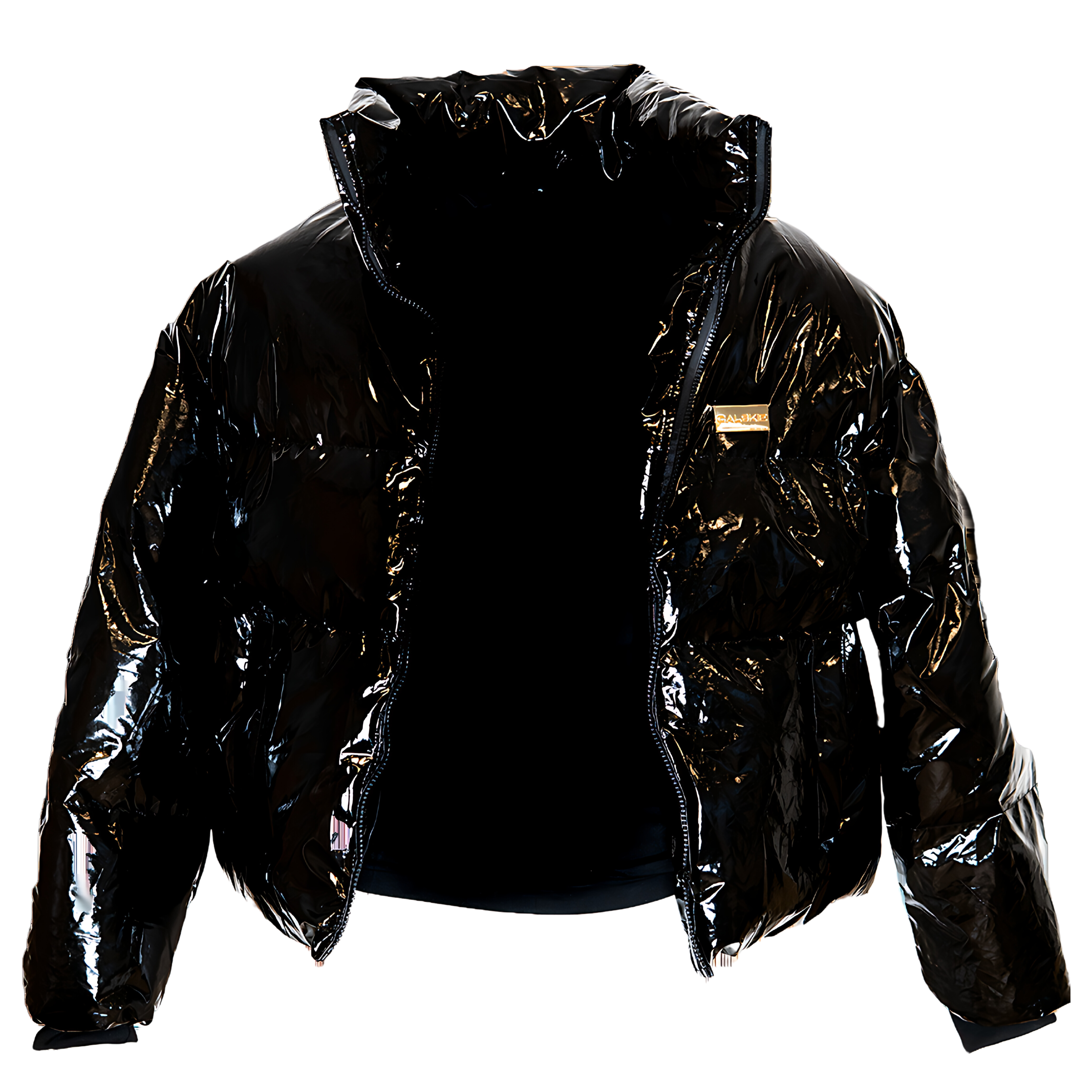 An image showing the front of the Calskie Shiny Puffer Jacket, featuring the iconic gold Calskie logo on the chest.
