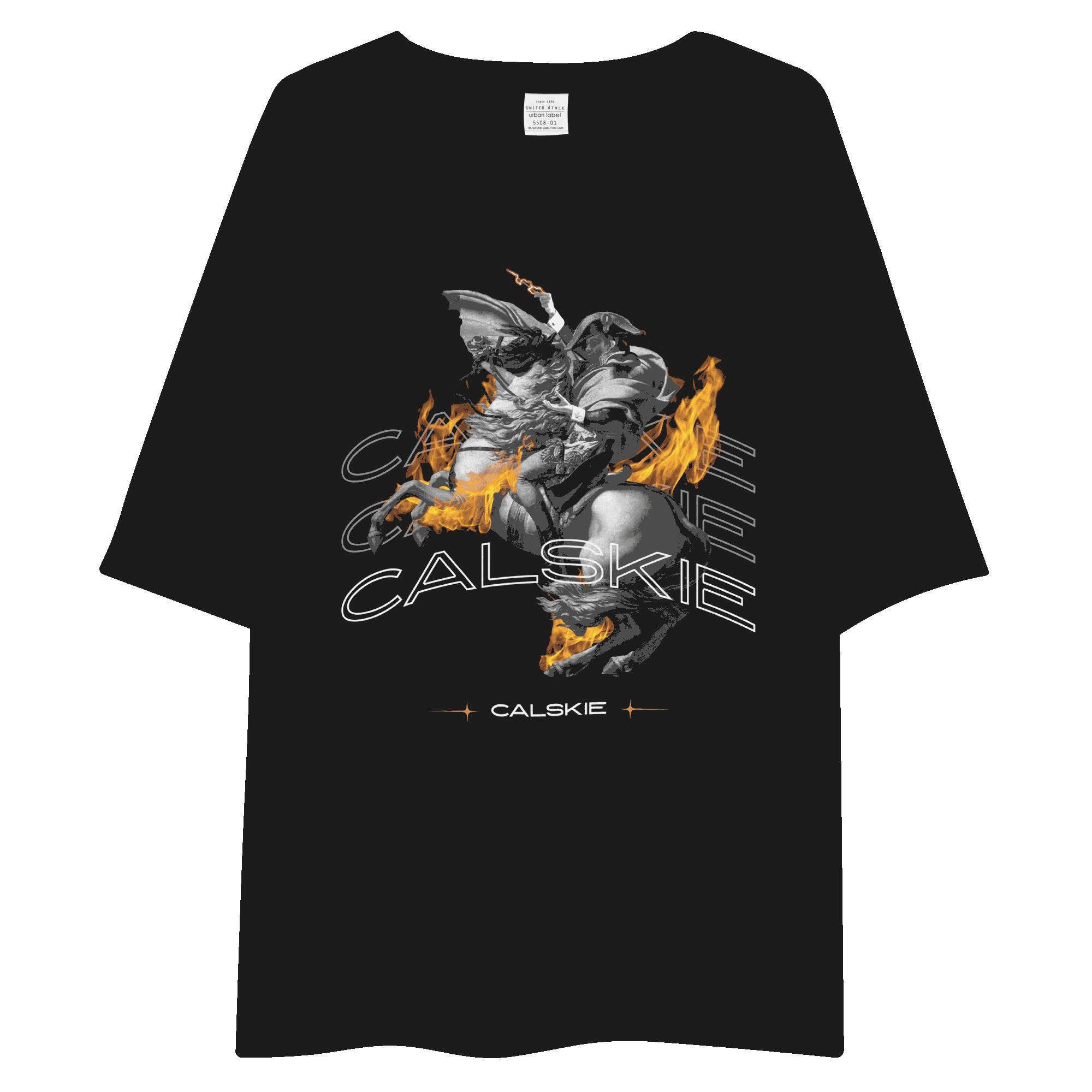 FIRE. Black Streetwear Oversize Heavyweight T-Shirt  with Napoleon Horse Riding Design